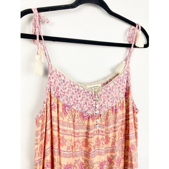 Lucky Brand Womens Tiered Dress L Pink Mixed Print Tie Shoulder Floral Flowy‎ - Picture 5 of 10